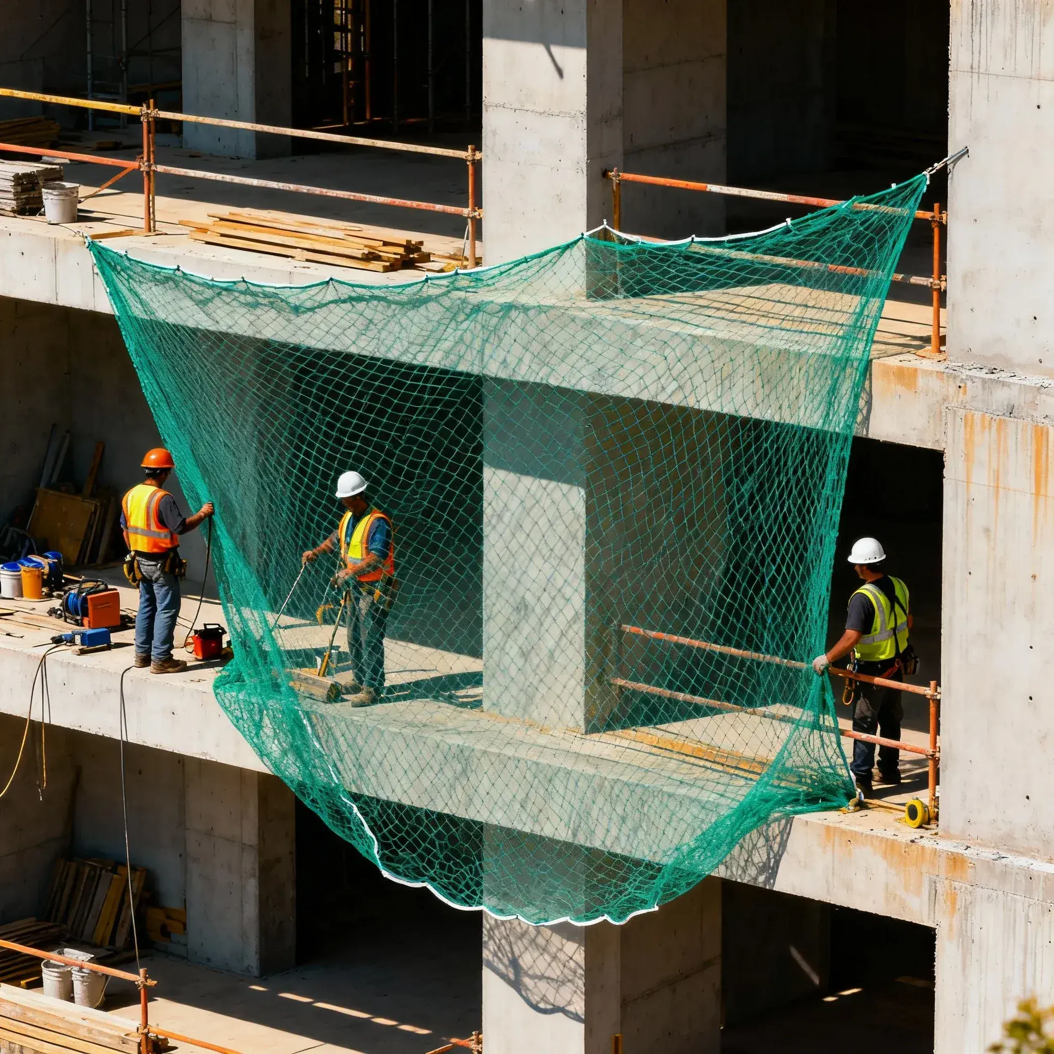 Construction safety net fixed around an active building edge